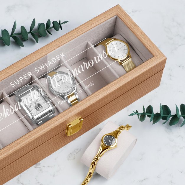 Szkatułka drewniana prostokątna na 6 zegarków z grawerem dla świadka jako podziękowanie ślubne