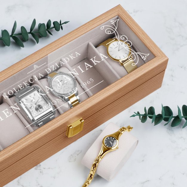 Szkatułka drewniana prostokątna na 6 zegarków z grawerem dla dziadka na urodziny