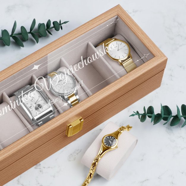 Szkatułka drewniana prostokątna na 6 zegarków z grawerem prawdziwy diament dla niej