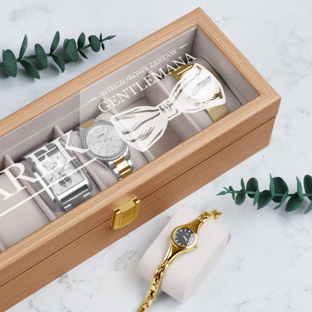 Szkatułka drewniana prostokątna na 6 zegarków z grawerem dla gentlemana