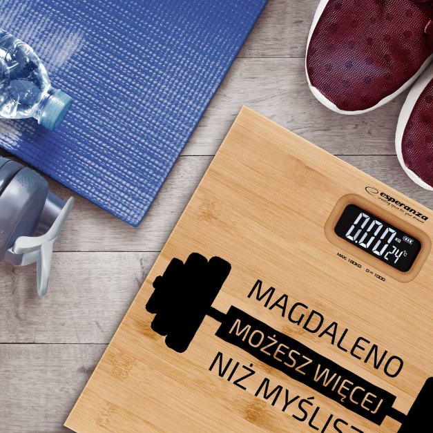 Waga bambusowa łazienkowa z nadrukiem dla żony sportowca fitneski siłacza fitneski