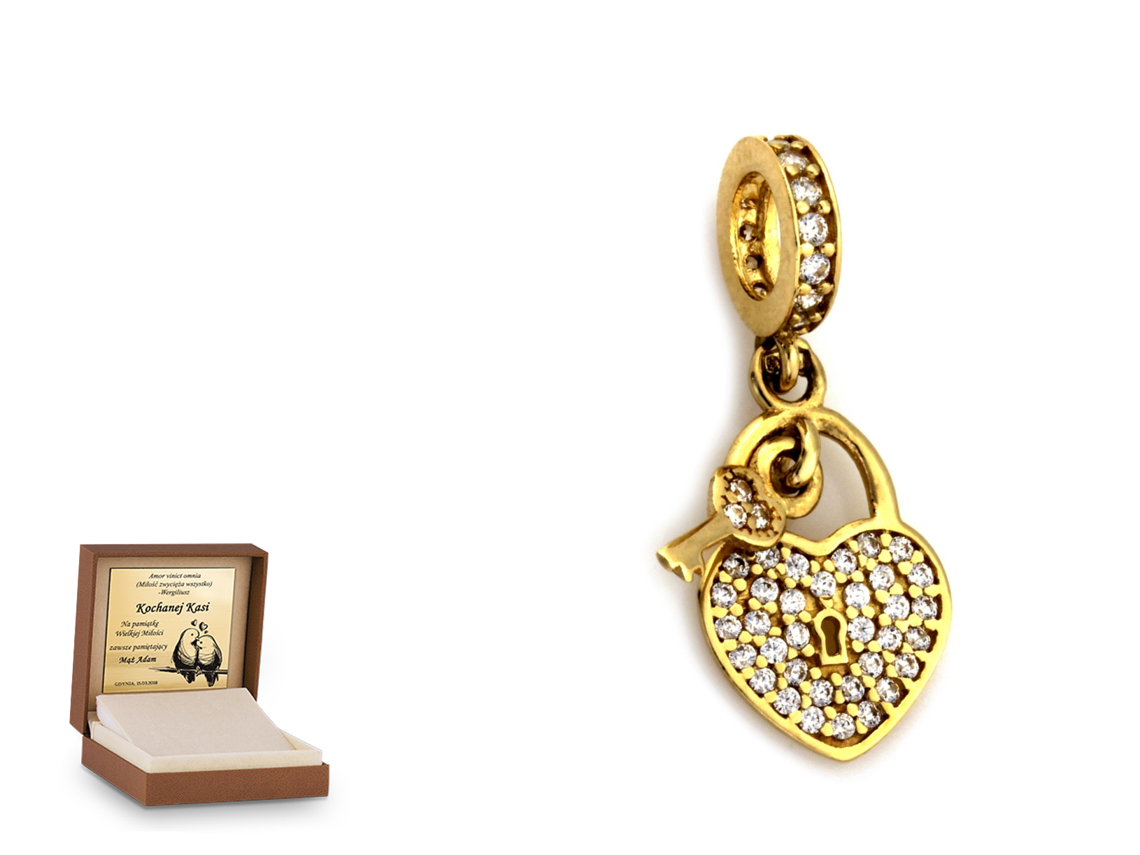 Złota zawieszka 585 charms serce prezent grawer