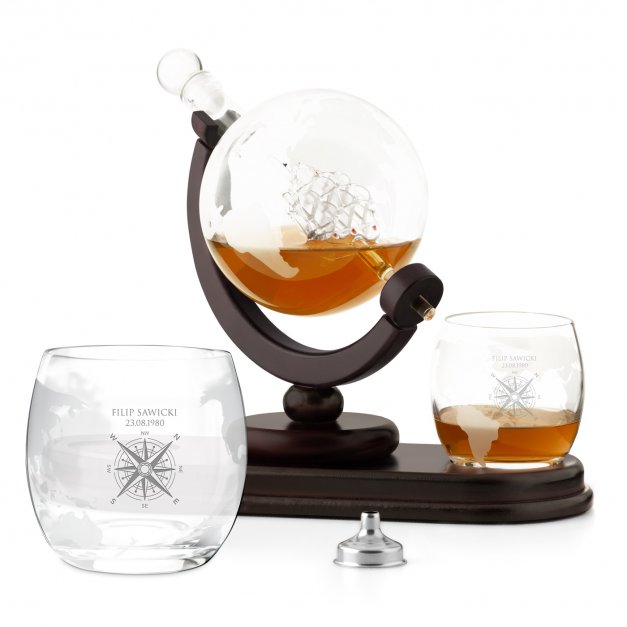 Karafka szklana globus zestaw do whisky szklanki x2 z grawerem dla podróżnika na urodziny