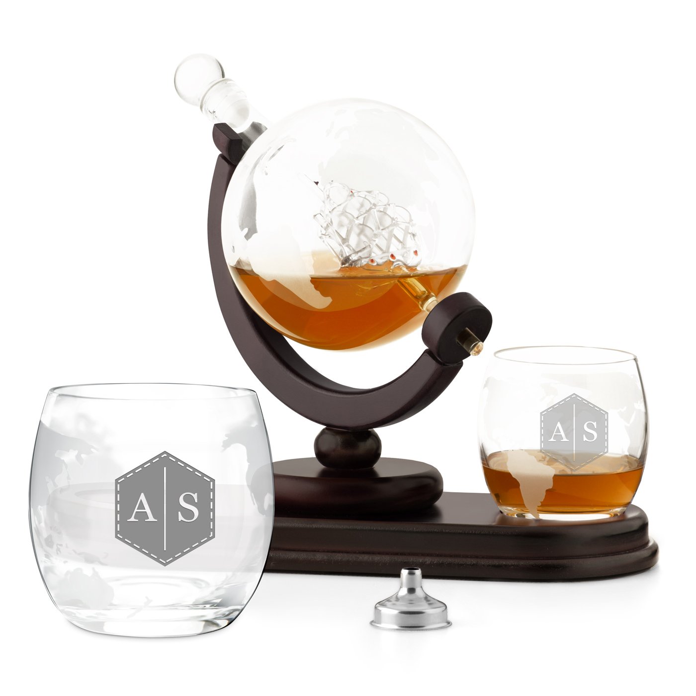 Karafka szklana globus zestaw do whisky szklanki x2 z grawerowanymi inicjaami