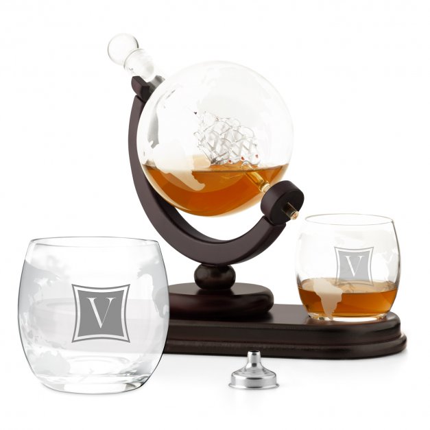 Karafka szklana globus zestaw do whisky szklanki x2 z grawerowanym inicjałem