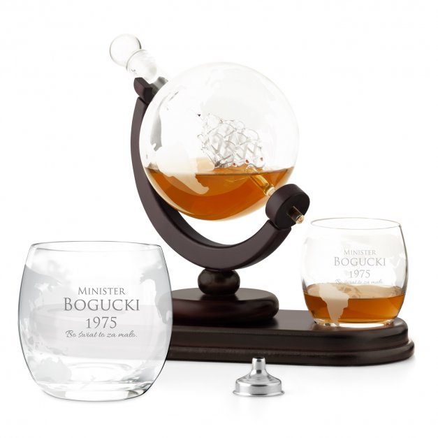 Karafka szklana globus zestaw do whisky szklanki x2 z grawerem dla ministra na urodziny