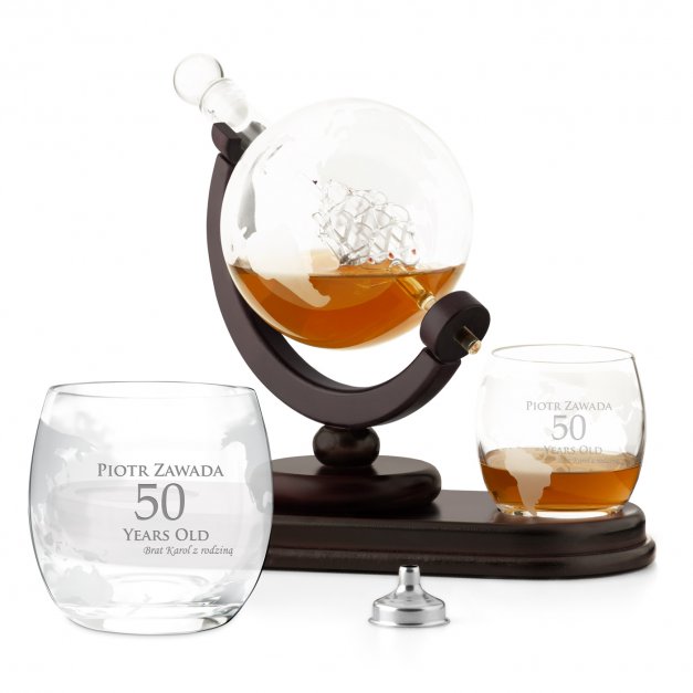 Karafka szklana globus zestaw do whisky szklanki x2 z grawerem dla brata na 50 urodziny
