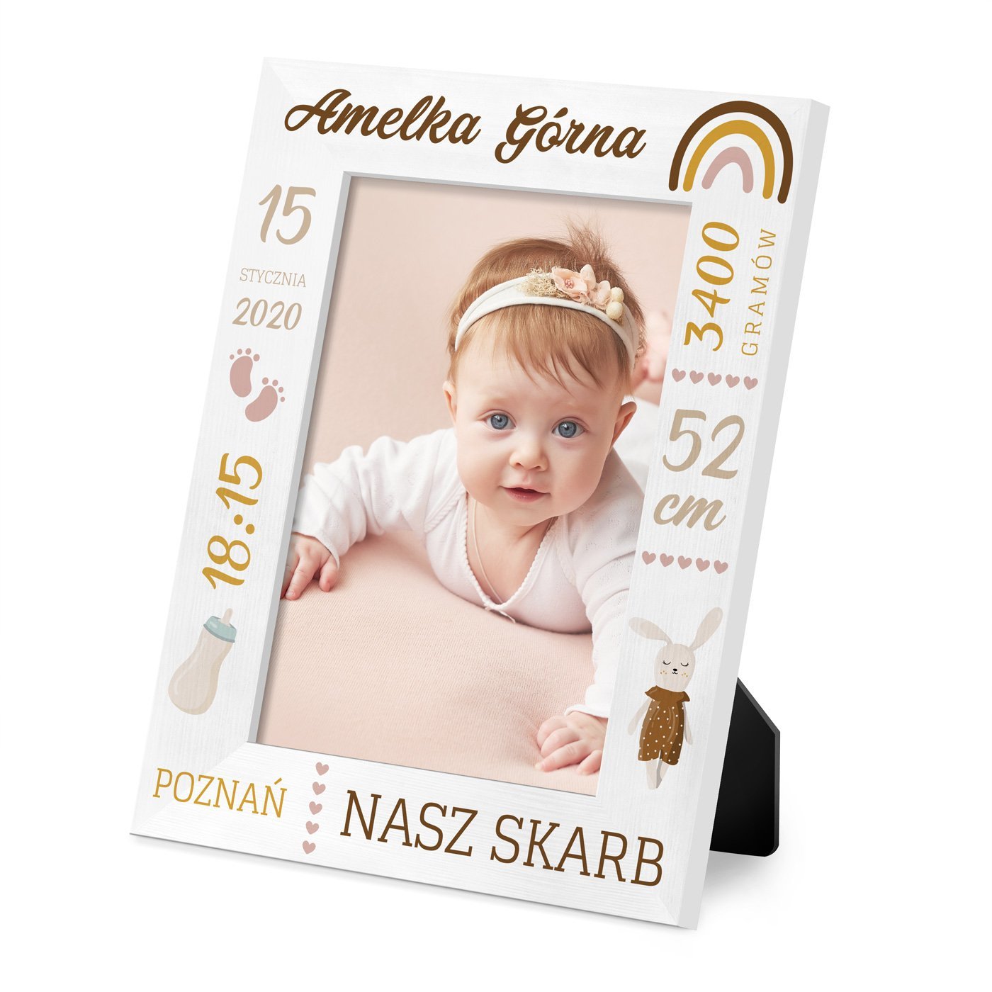 Ramka na zdjcia biaa z nadrukiem dla dziewczynki na narodziny