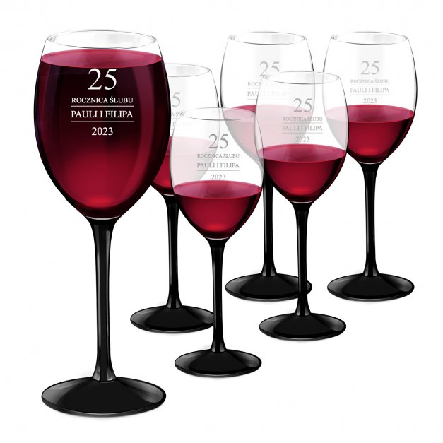 Kieliszki szklane x6 do wina z czarną nóżką onyx z grawerunkiem dla pary na 25 rocznicę