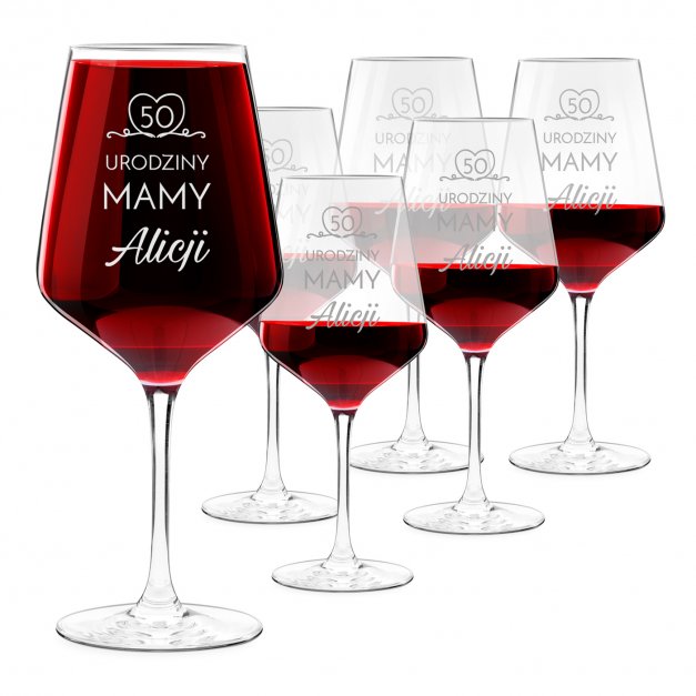 Kieliszki szklane x6 do wina rubin rozmiar XL z grawerunkiem dla mamy na 50 urodziny