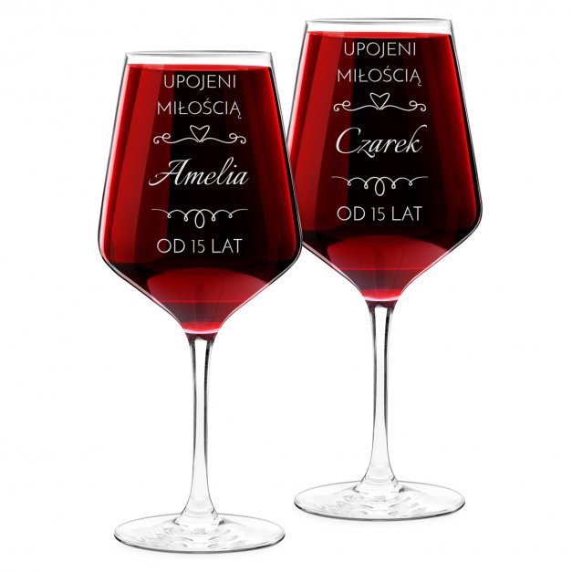 Kieliszki szklane x2 do wina rubin rozmiar XL z grawerunkiem dla pary na 15 rocznicę