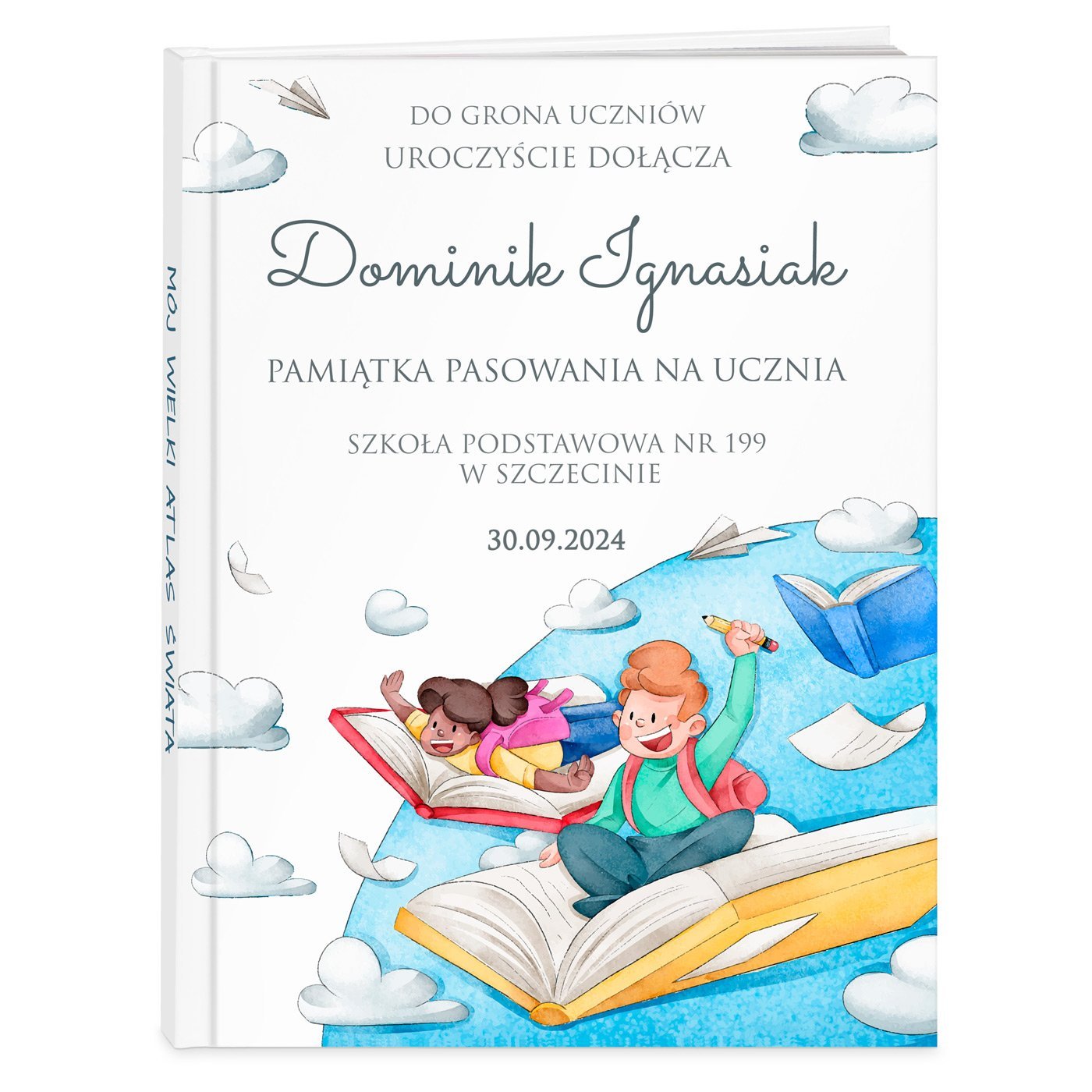 Atlas geograficzny z nadrukiem dla chopca na pasowanie na ucznia