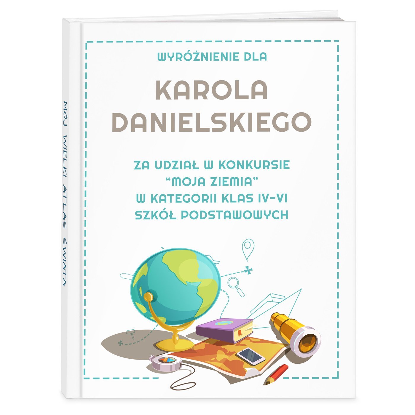 Atlas geograficzny z nadrukiem dla chopca jako nagroda w szkole