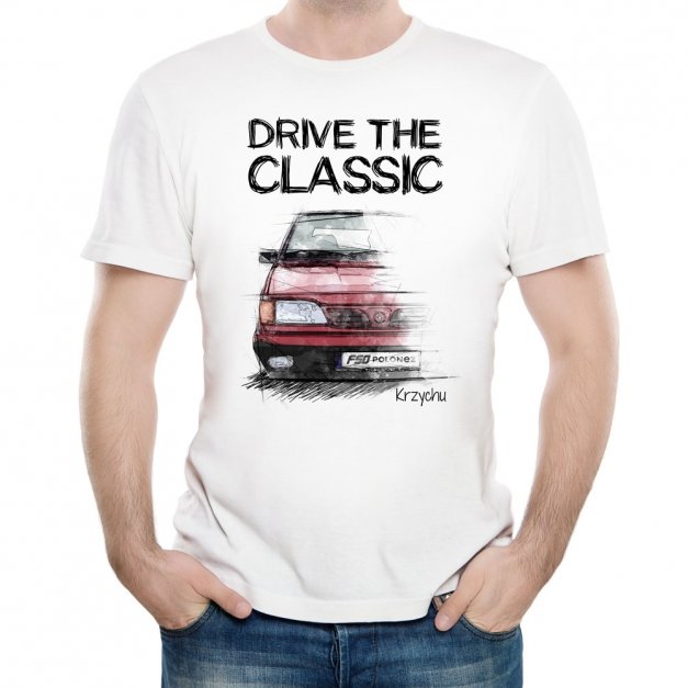 Koszulka męska biała z nadrukiem dla fana motoryzacji kierowcy mechanika