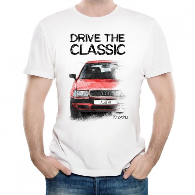 Koszulka męska biała z nadrukiem dla fana motoryzacji mechanika kierowcy