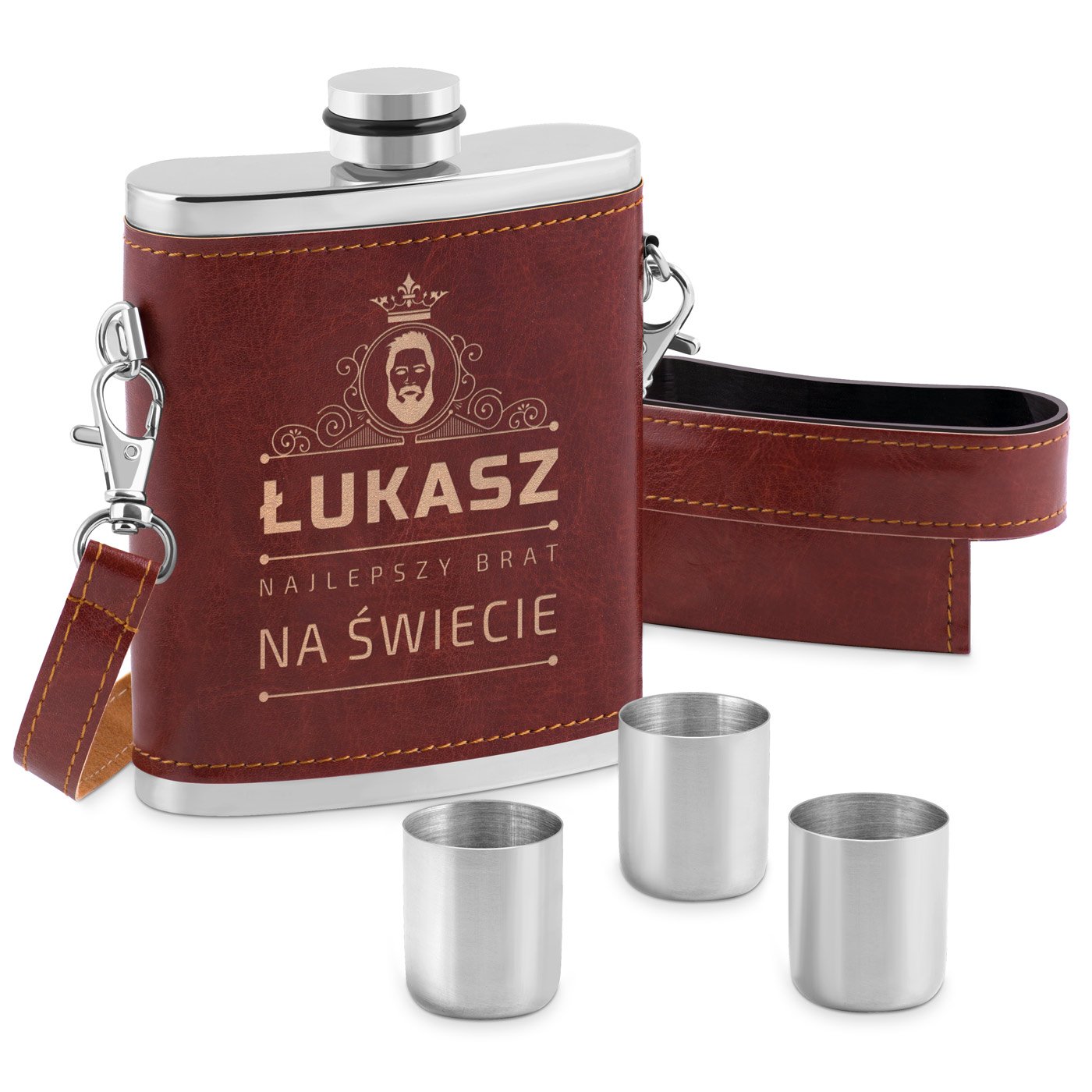 Piersiwka metalowa w pokrowcu z kieliszkami i grawerem dla brata na imieniny podzikowanie lubne