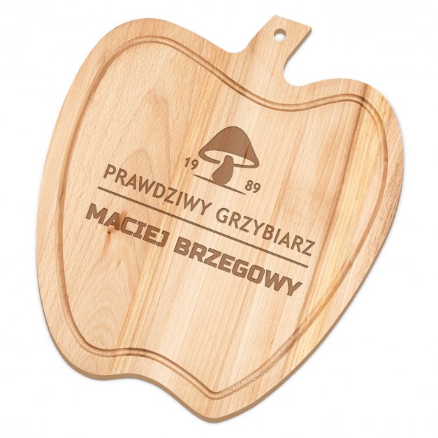 Deska drewniana do krojenia jabłko z grawerem dla grzybiarza na urodziny