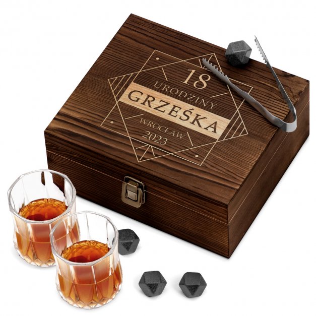 Kamienie do whisky kostki ze szklankami w drewnianym pudełku z grawerem dla niego na 18 urodziny