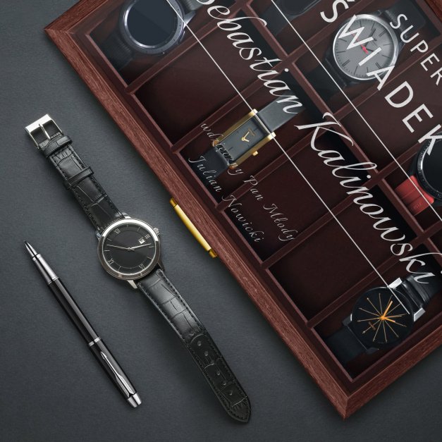 Szkatułka brązowa na zegarki z grawerem dla świadka jako podziękowanie ślubne