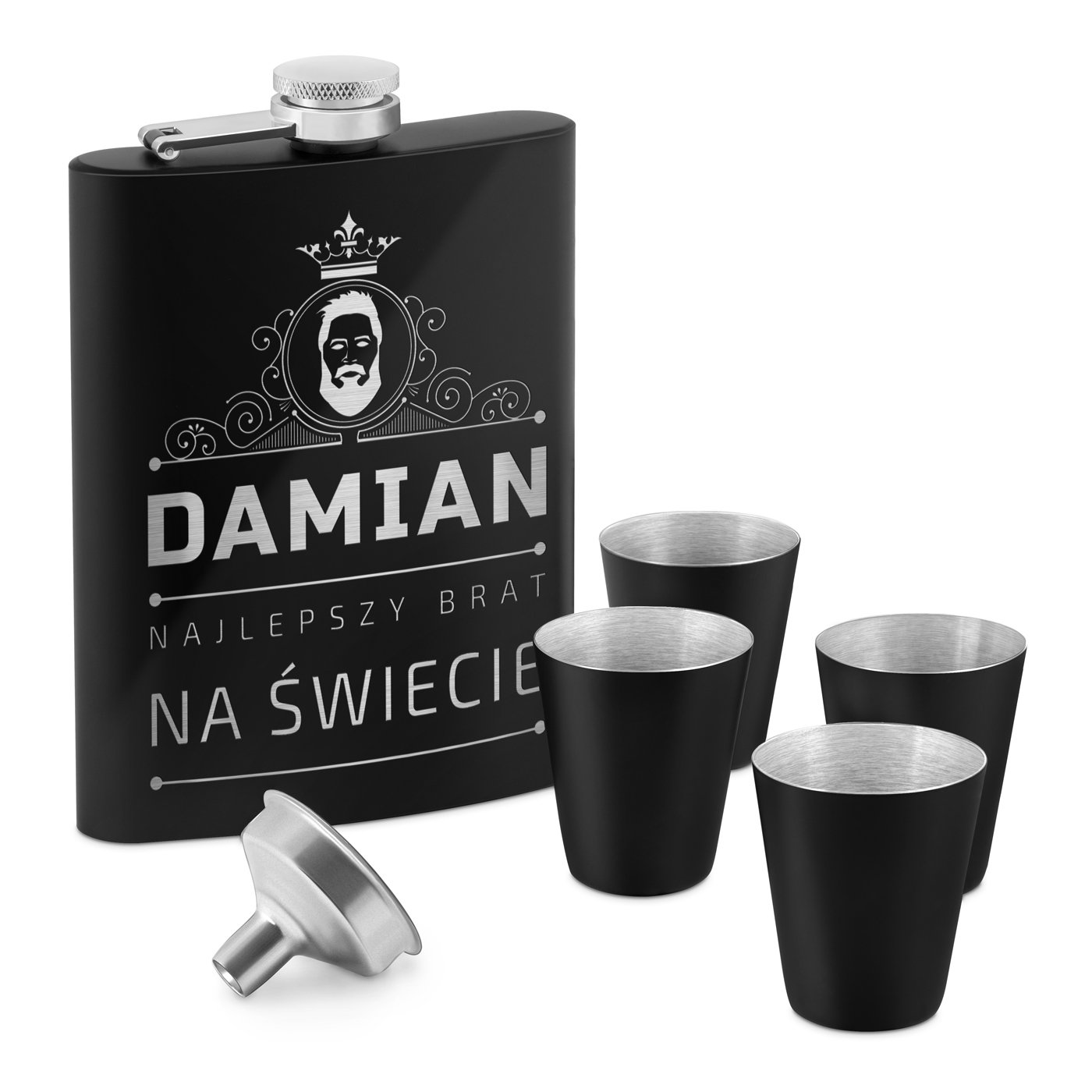 Piersiwka czarna z 4 kieliszkami i grawerem dla brata brodacza