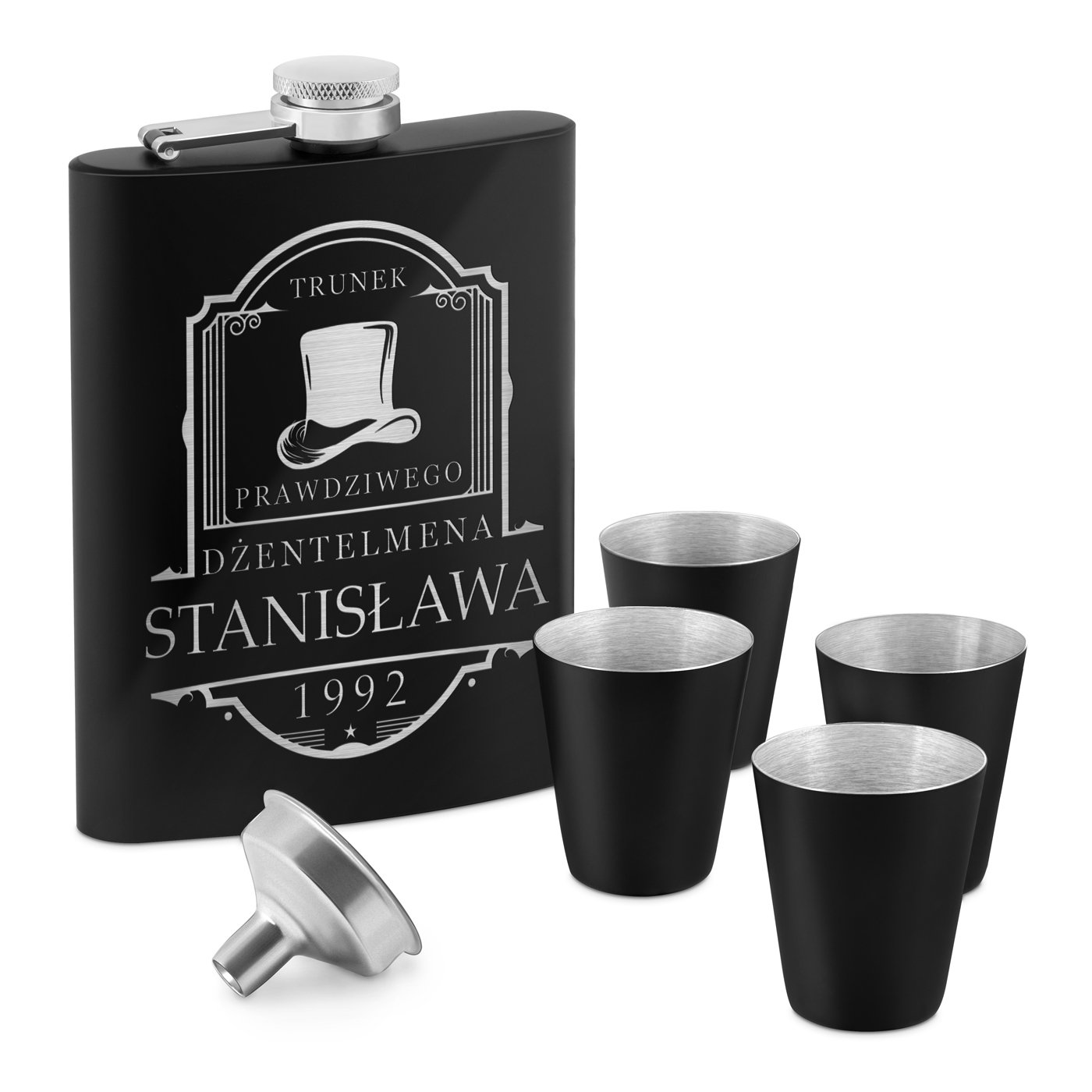 Piersiwka czarna z 4 kieliszkami i grawerem dla gentlemana na urodziny
