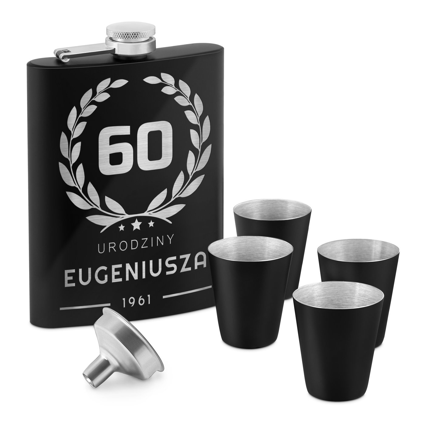 Piersiwka czarna z 4 kieliszkami i grawerem dla niego na 60 urodziny