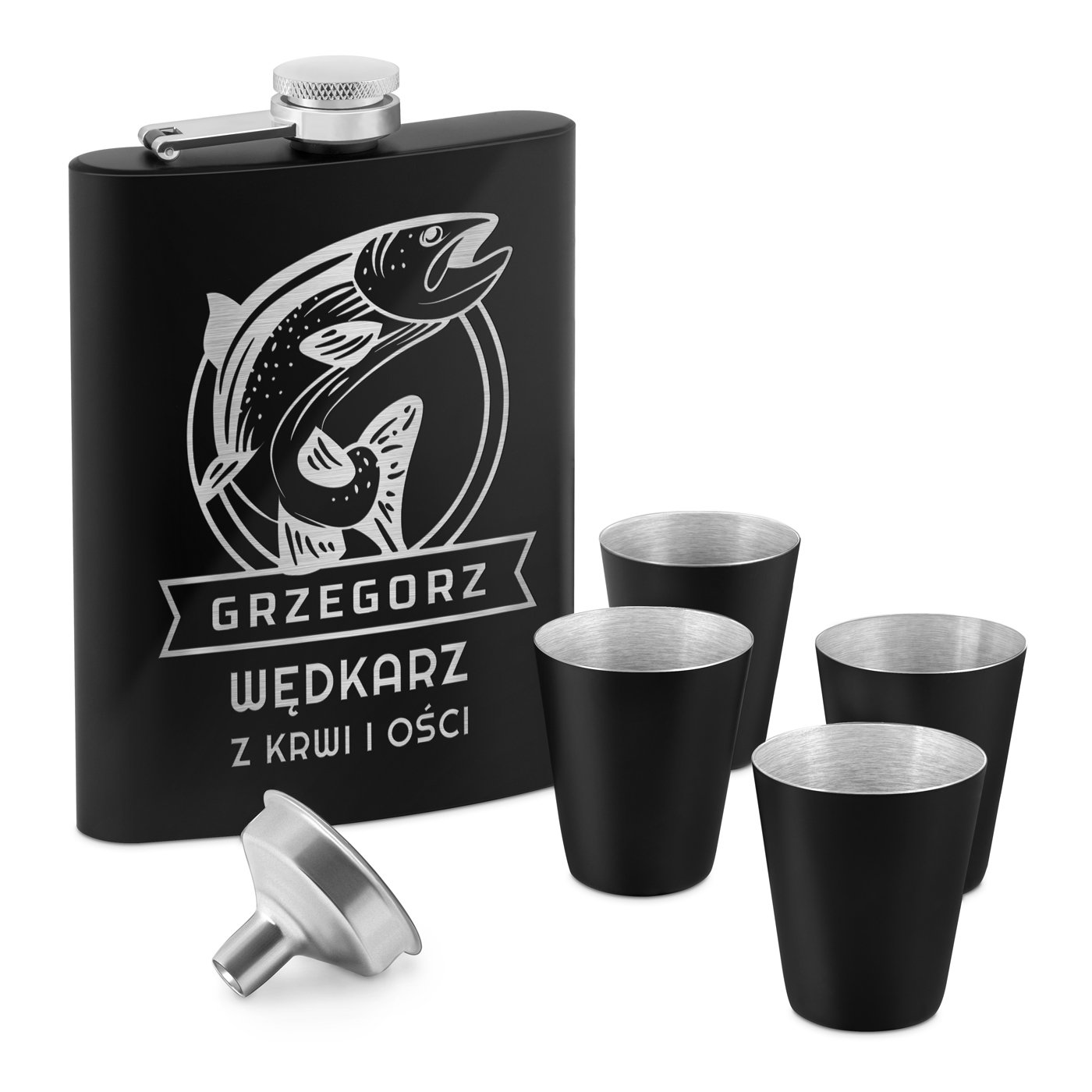 Piersiwka czarna z 4 kieliszkami i grawerem dla wdkarza