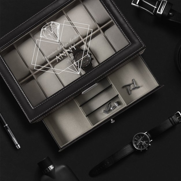Szkatułka czarna na zegarki i biżuterię z grawerem dla niej na imieniny