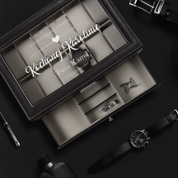 Szkatułka czarna na zegarki i biżuterię z grawerem dla dziewczyny żony na walentynki