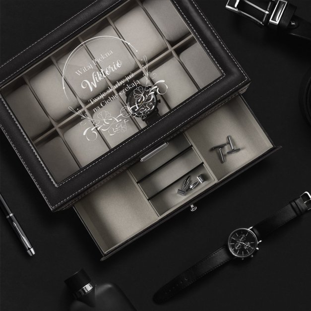 Szkatułka czarna na zegarki i biżuterię z grawerem dla niej na Dzień Kobiet