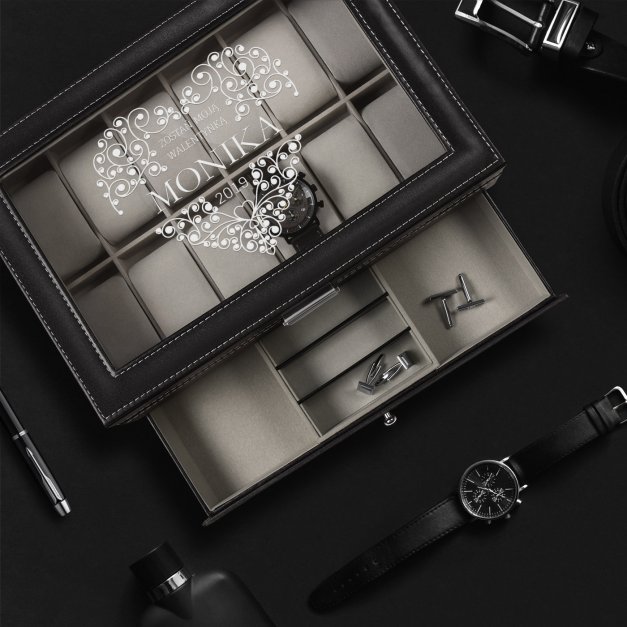Szkatułka czarna na zegarki i biżuterię z grawerem dla niej na walentynki