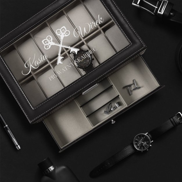 Szkatułka czarna na zegarki i biżuterię z grawerem dla pary na ślub rocznicę parapetówkę