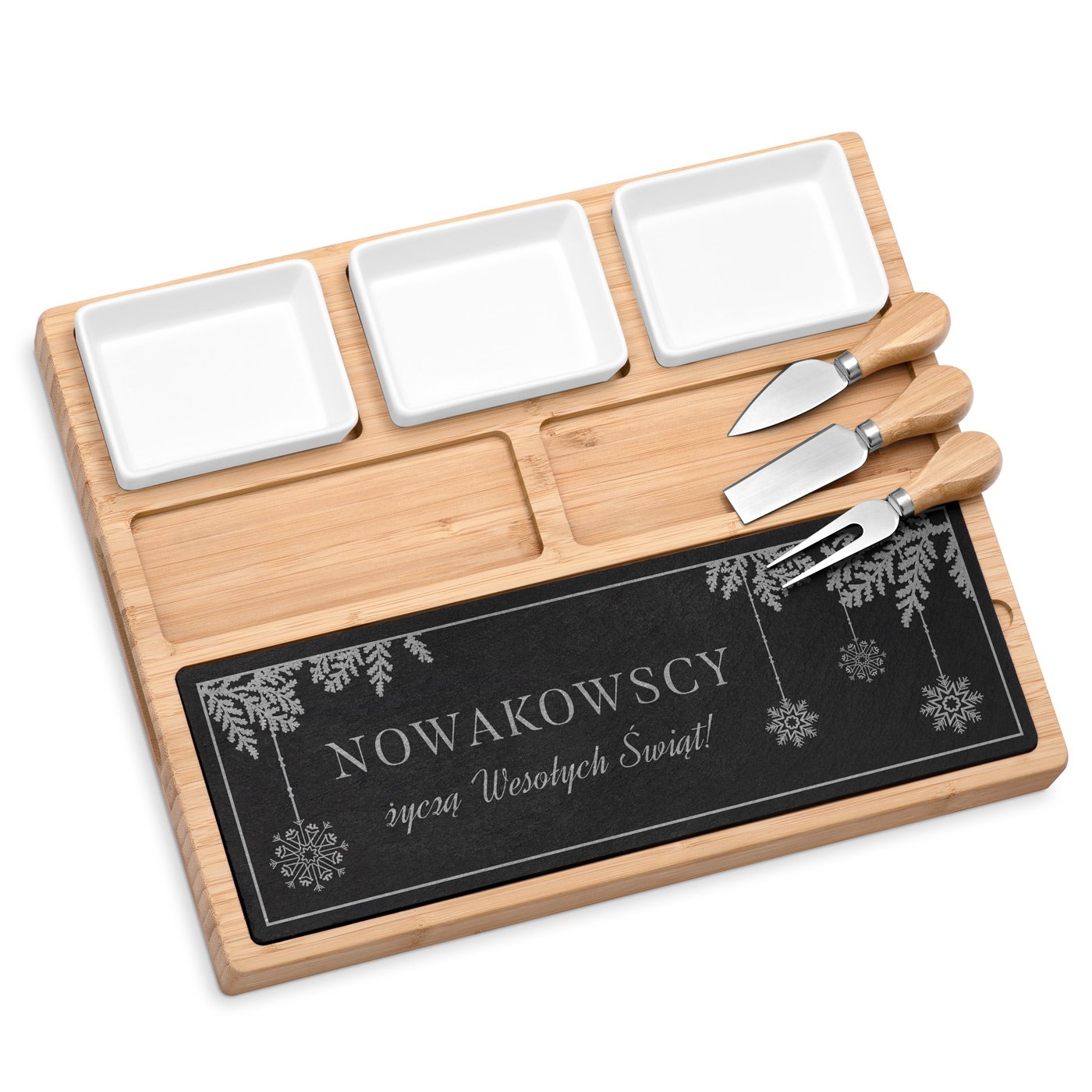 Kamienna deska z akcesoriami do serwowania przeksek z grawerem dla pary na wita