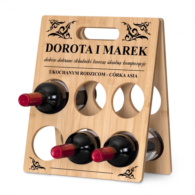 Drewniany stojak na wino z nadrukiem na prezent dla rodziców