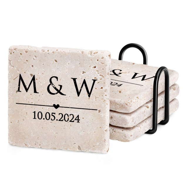 Kamienne podkładki pod kubek z nadrukiem – zestaw x4 dla pary na ślub rocznicę parapetówkę