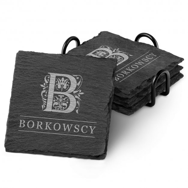 Kamienne podstawki pod kubek grafitowe z grawerem - zestaw x4 dla pary na ślub rocznicę parapetówkę