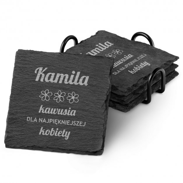 Kamienne podstawki pod kubek grafitowe z grawerem - zestaw x4 dla niej kawosza na imieniny