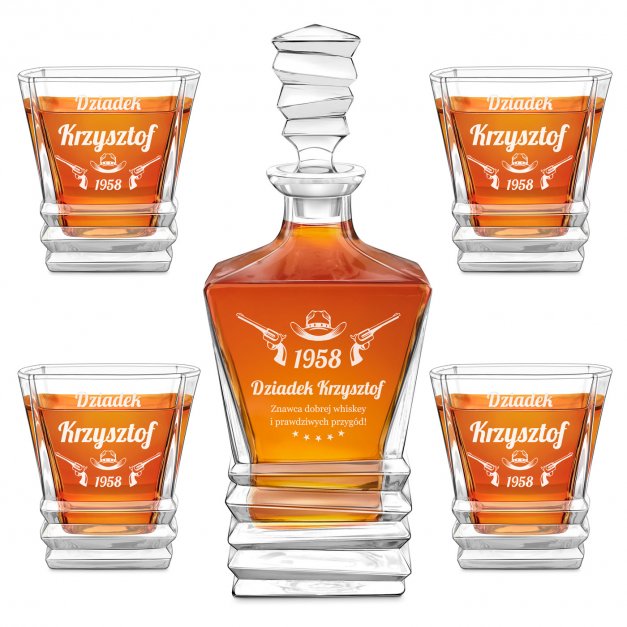 Karafka geometric z 4 szklankami i grawerem dla konesera whisky