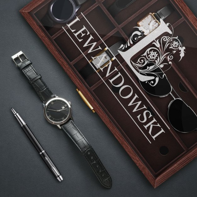 Szkatułka brązowa na zegarki i okulary z grawerem dla gentlemana