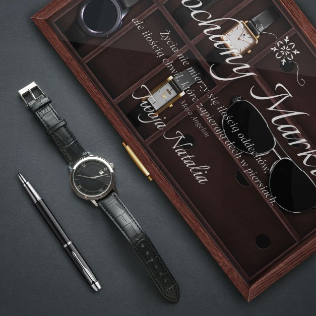 Szkatułka brązowa na zegarki i okulary z grawerem dla chłopaka narzeczonego męża