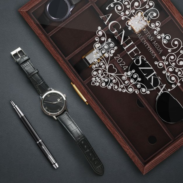 Szkatułka brązowa na zegarki i okulary z grawerem dla niej na walentynki