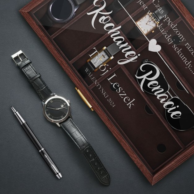 Szkatułka brązowa na zegarki i okulary z grawerem dla dziewczyny żony na walentynki