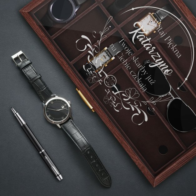 Szkatułka brązowa na zegarki i okulary z grawerem dla niej na imieniny