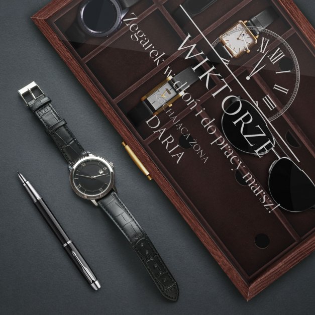 Szkatułka brązowa na zegarki i okulary z grawerem dla męża