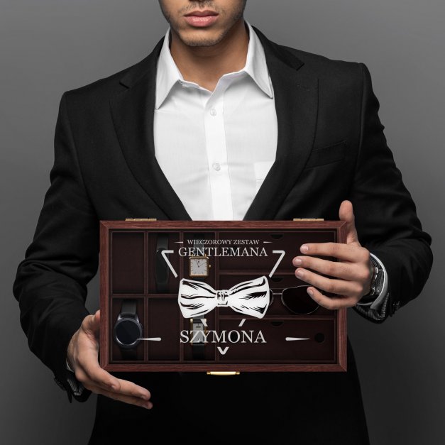 Szkatułka brązowa na zegarki i okulary z grawerem dla gentlemana na imieniny