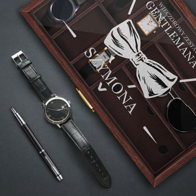 Szkatułka brązowa na zegarki i okulary z grawerem dla gentlemana na imieniny