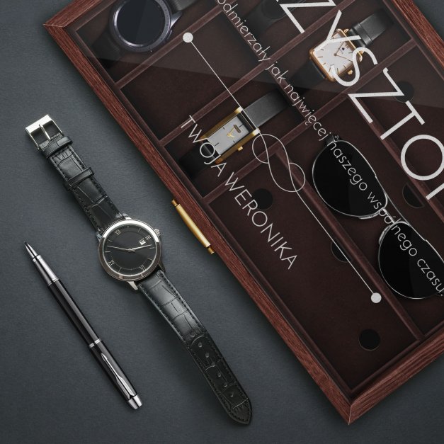 Szkatułka brązowa na zegarki i okulary z grawerem dla chłopaka narzeczonego męża