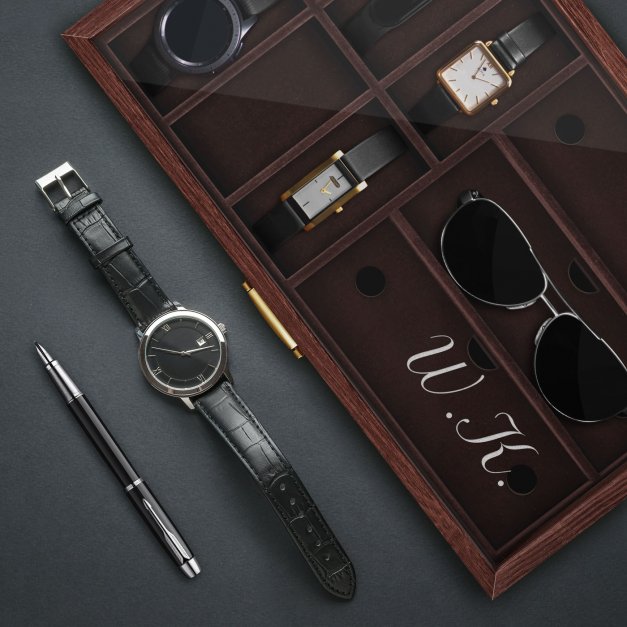 Szkatułka brązowa na zegarki i okulary z grawerowanymi inicjałami