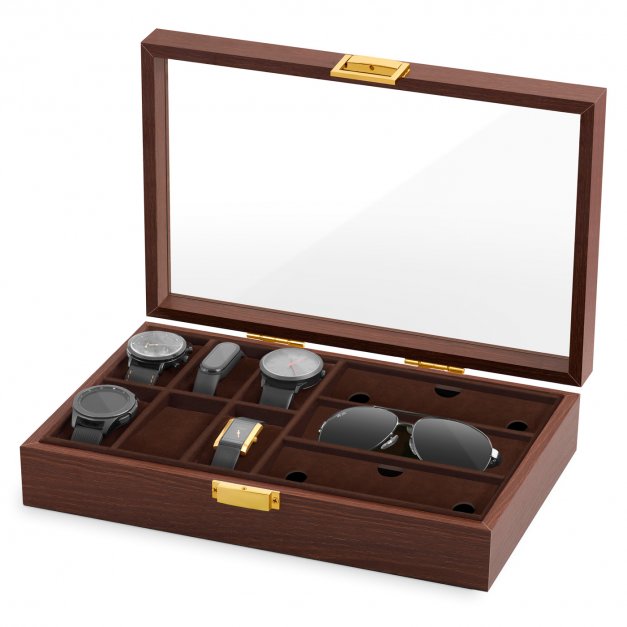 Szkatułka brązowa na zegarki i okulary z grawerowanymi inicjałami