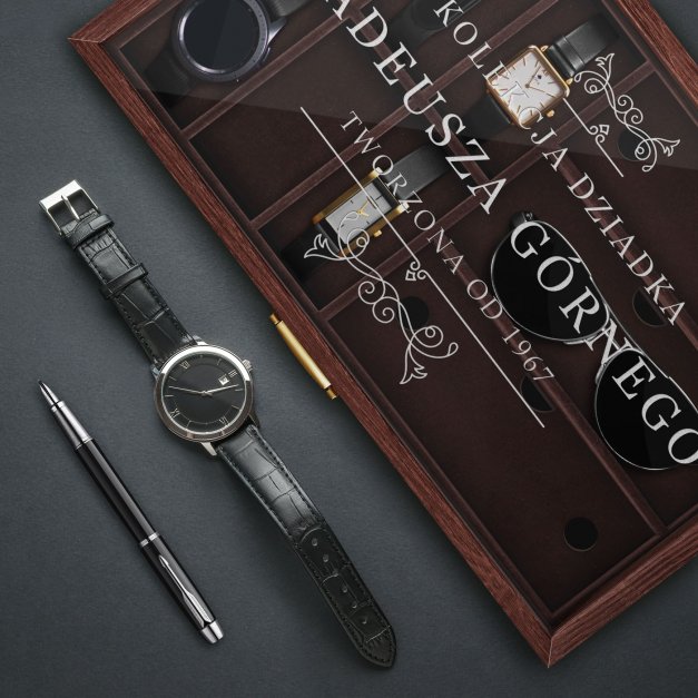 Szkatułka brązowa na zegarki i okulary z grawerem dla dziadka na urodziny